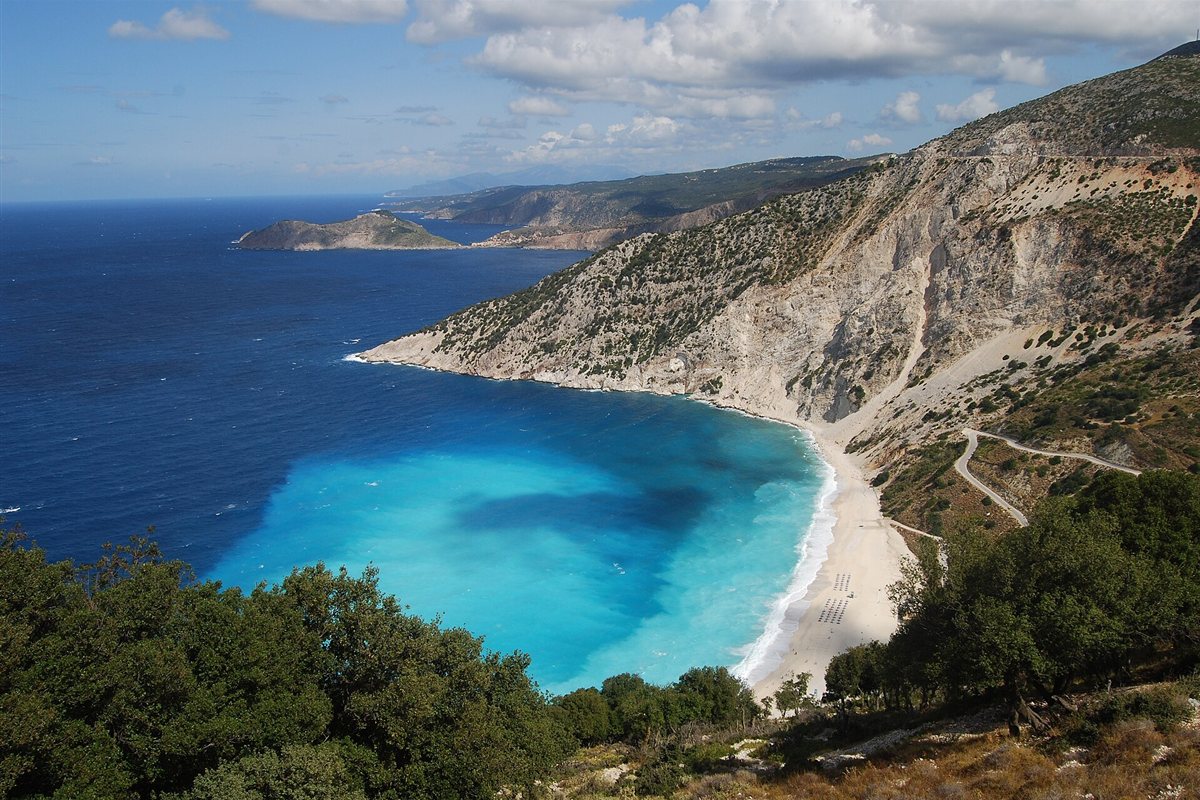 Myrtos Plaji dik ucurumlar arasindan turkuaz su ve beyaz cakil, Kefalonya